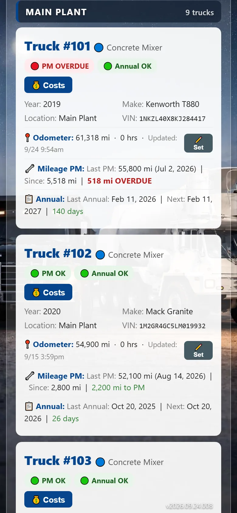 Fleet view showing the status of every truck