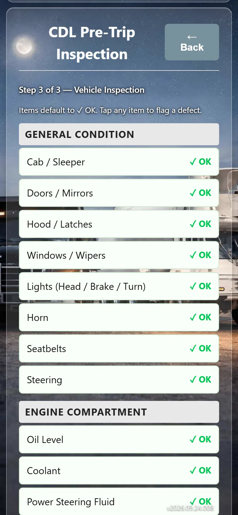 Pre-trip inspection checklist on a driver's phone