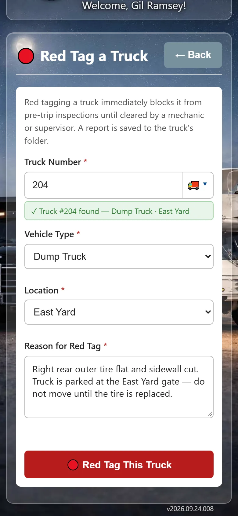 Red tagging a truck out of service
