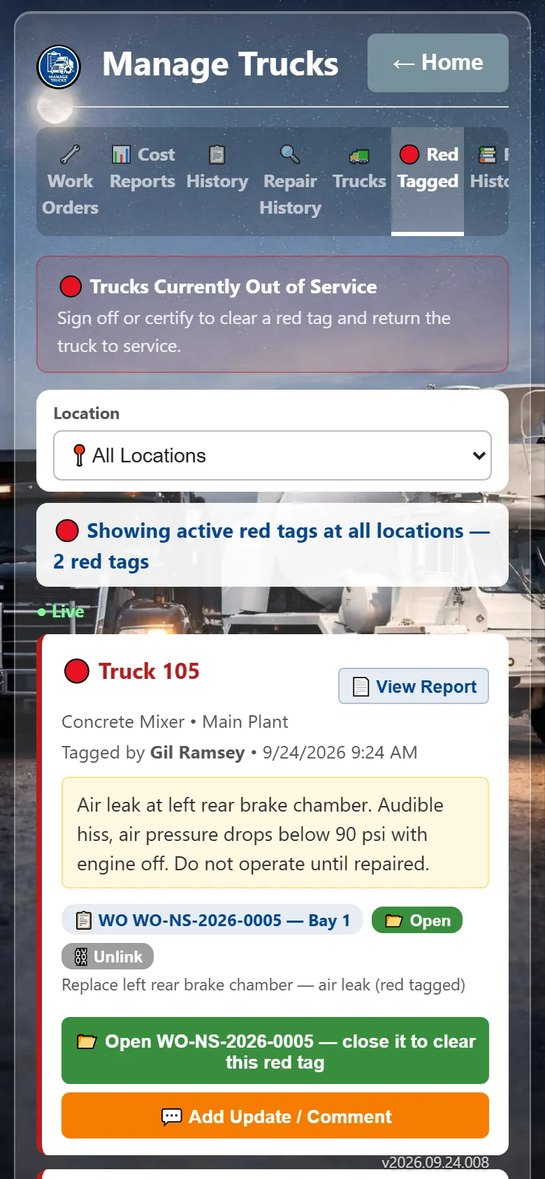 Red tag a truck out of service