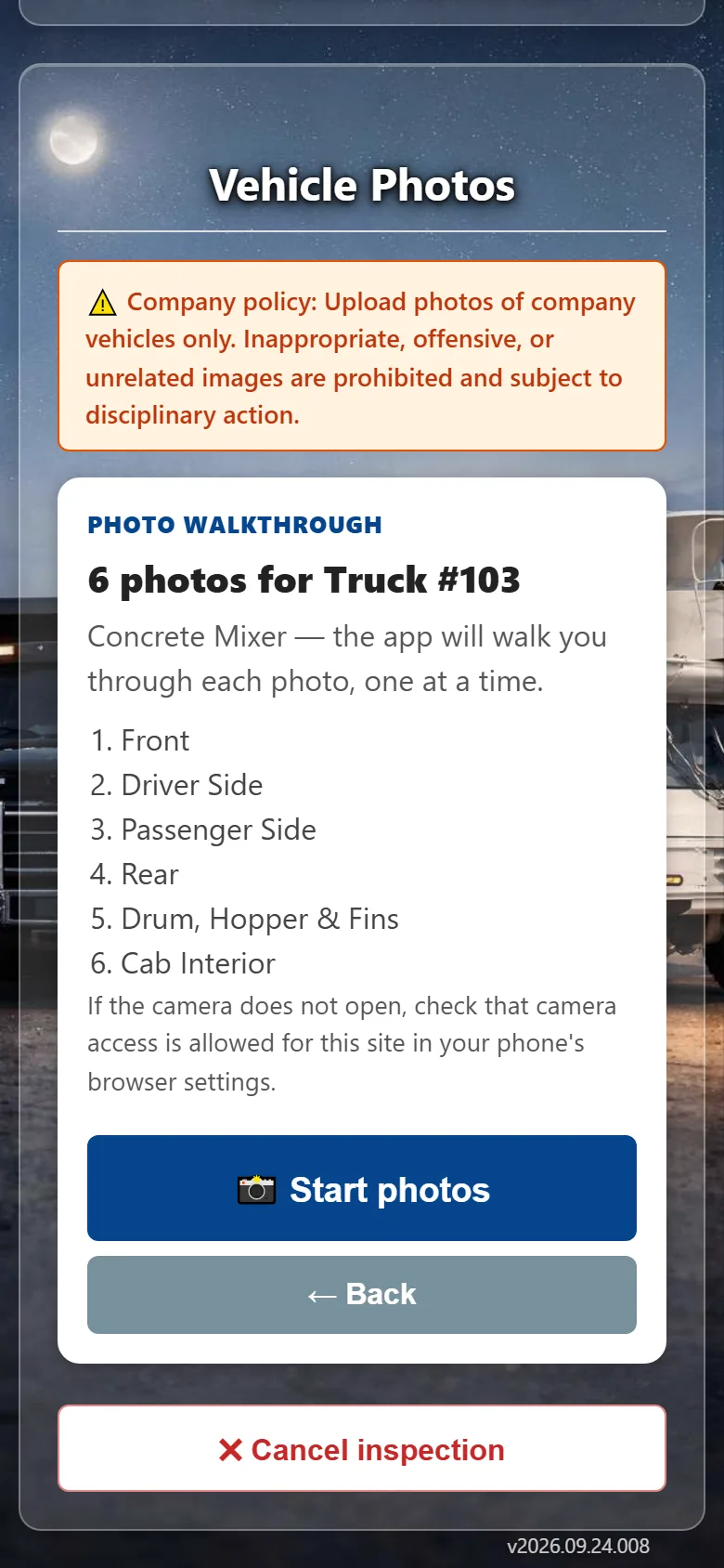 Truck condition inspection with photos